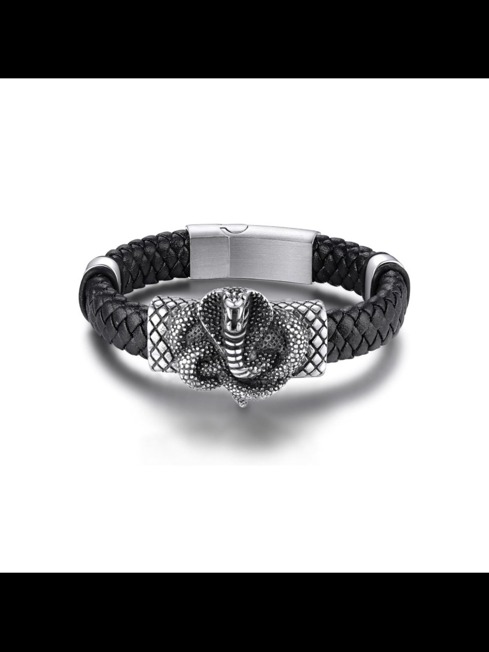 Men's Black Braided Leather Bracelet with Silver Cobra Accent